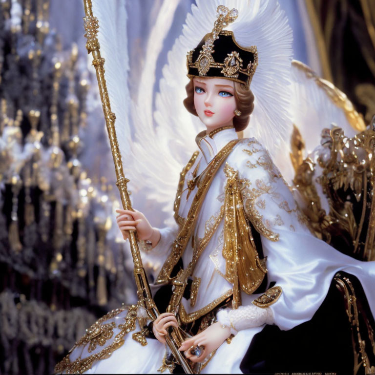 Porcelain doll in white and gold costume with feathered headdress