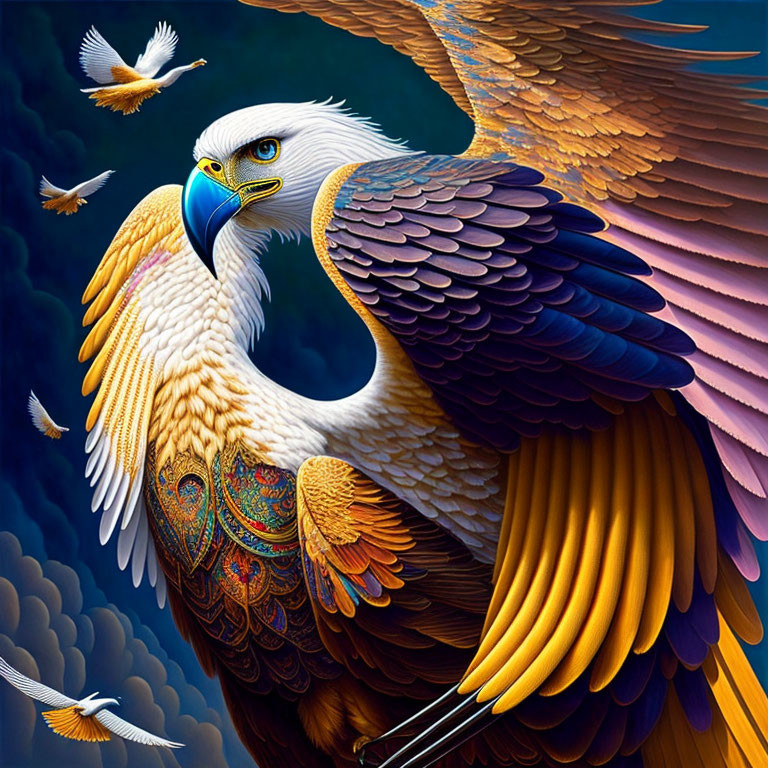 Colorful Eagle Flying Among Clouds with Feather Details