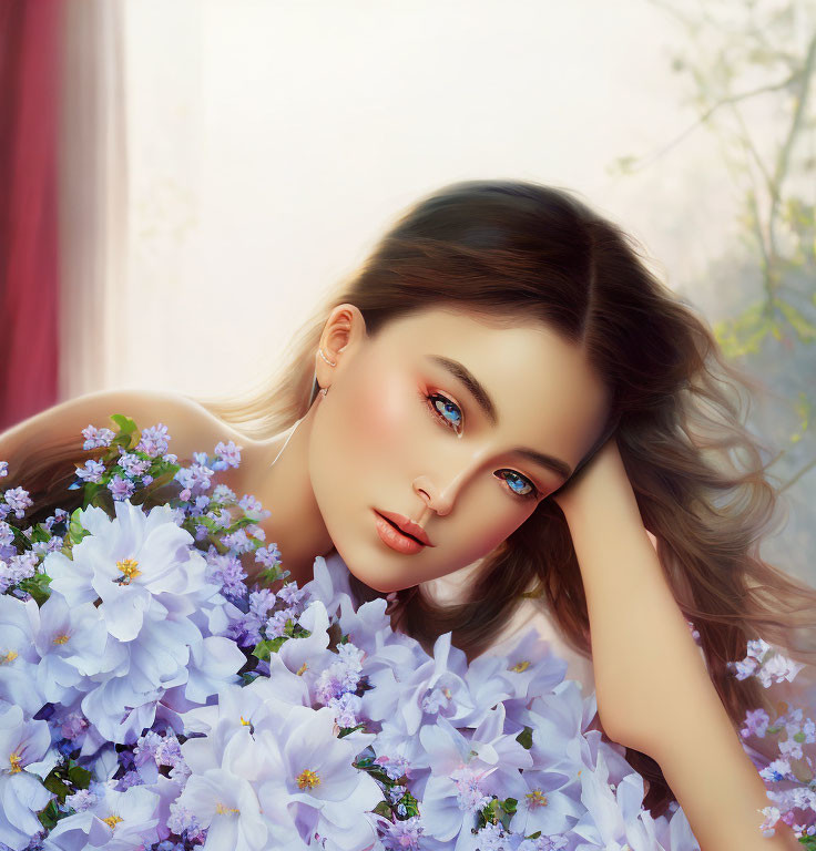Digital painting of woman with wavy hair, blue eyes, surrounded by light purple flowers by a window