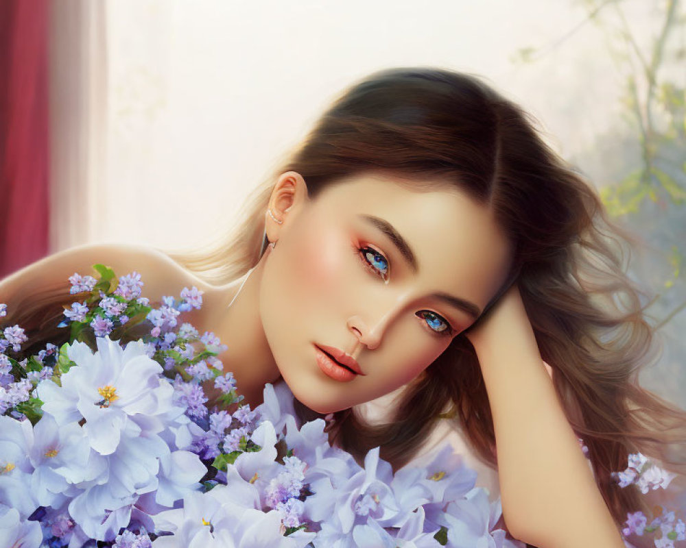 Digital painting of woman with wavy hair, blue eyes, surrounded by light purple flowers by a window