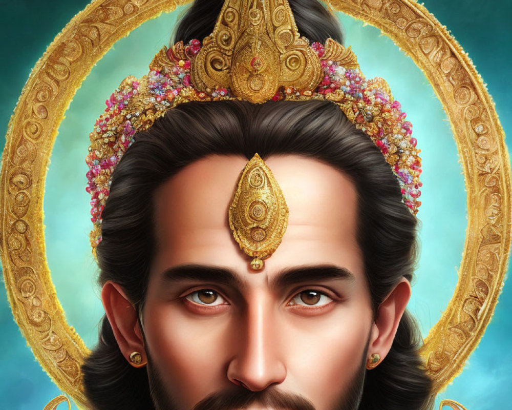 Regal man digital artwork with crown and halo, gold details.