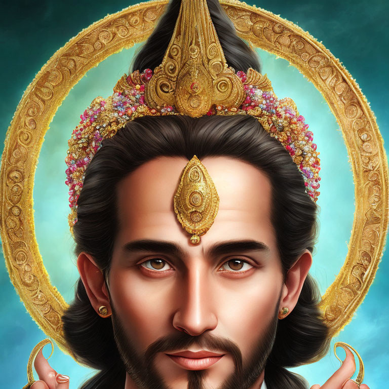 Regal man digital artwork with crown and halo, gold details.