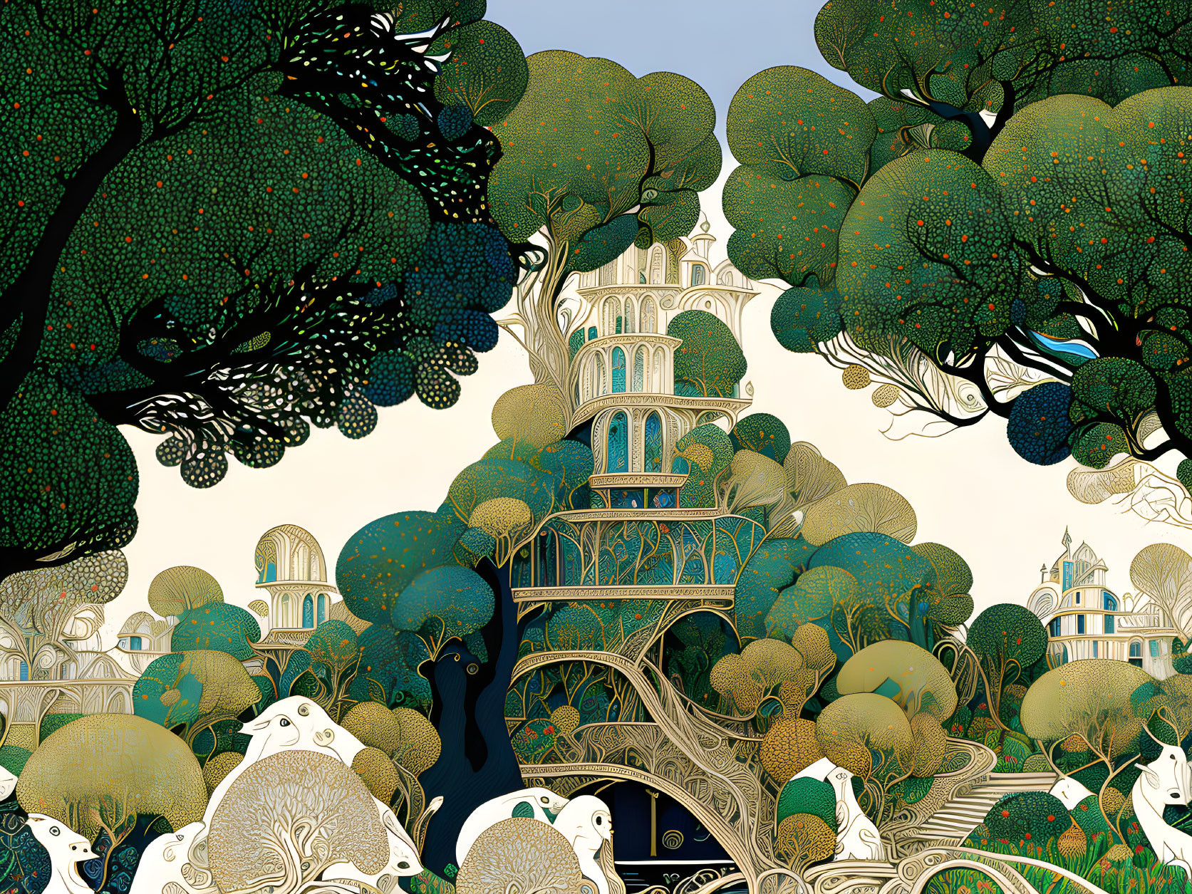 Detailed illustration of whimsical tree-filled landscape with greenery and unique buildings.