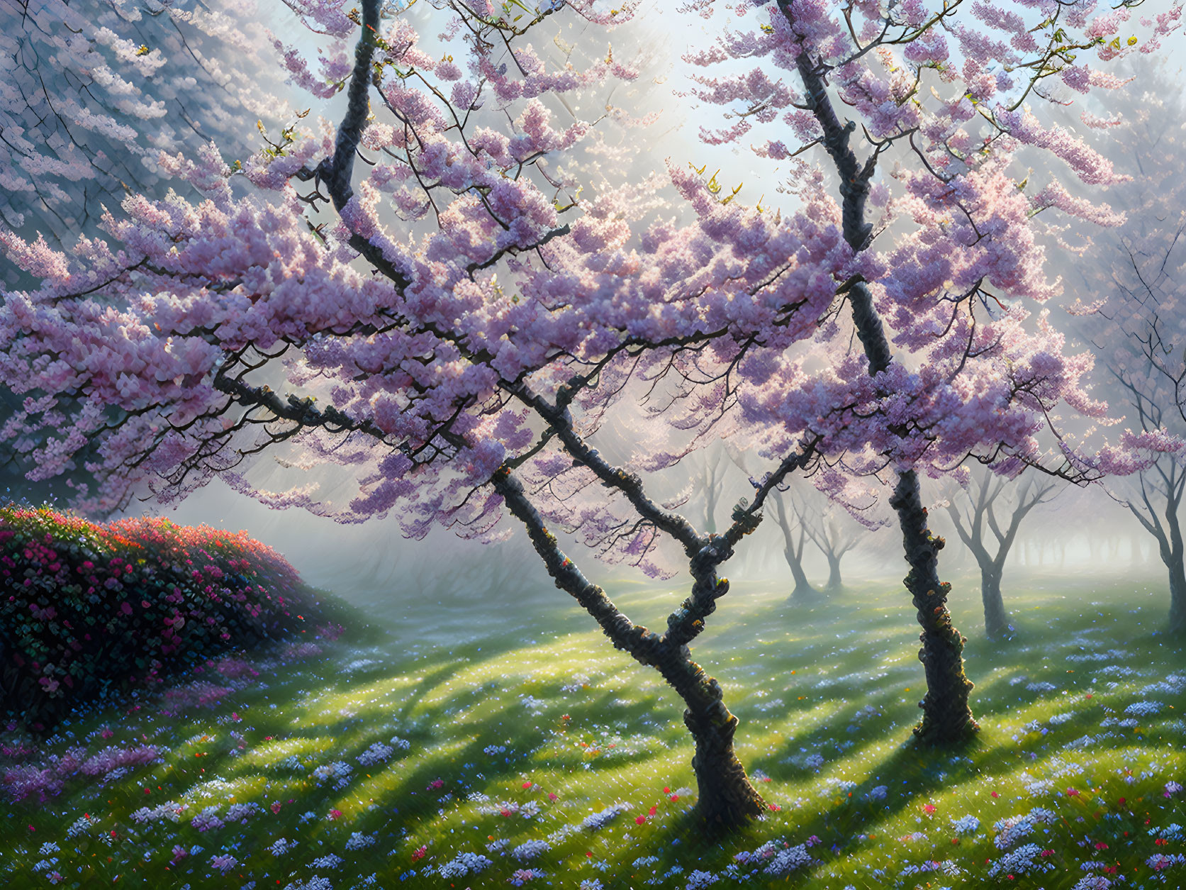 Tranquil Cherry Blossom Landscape with Pink Flowers