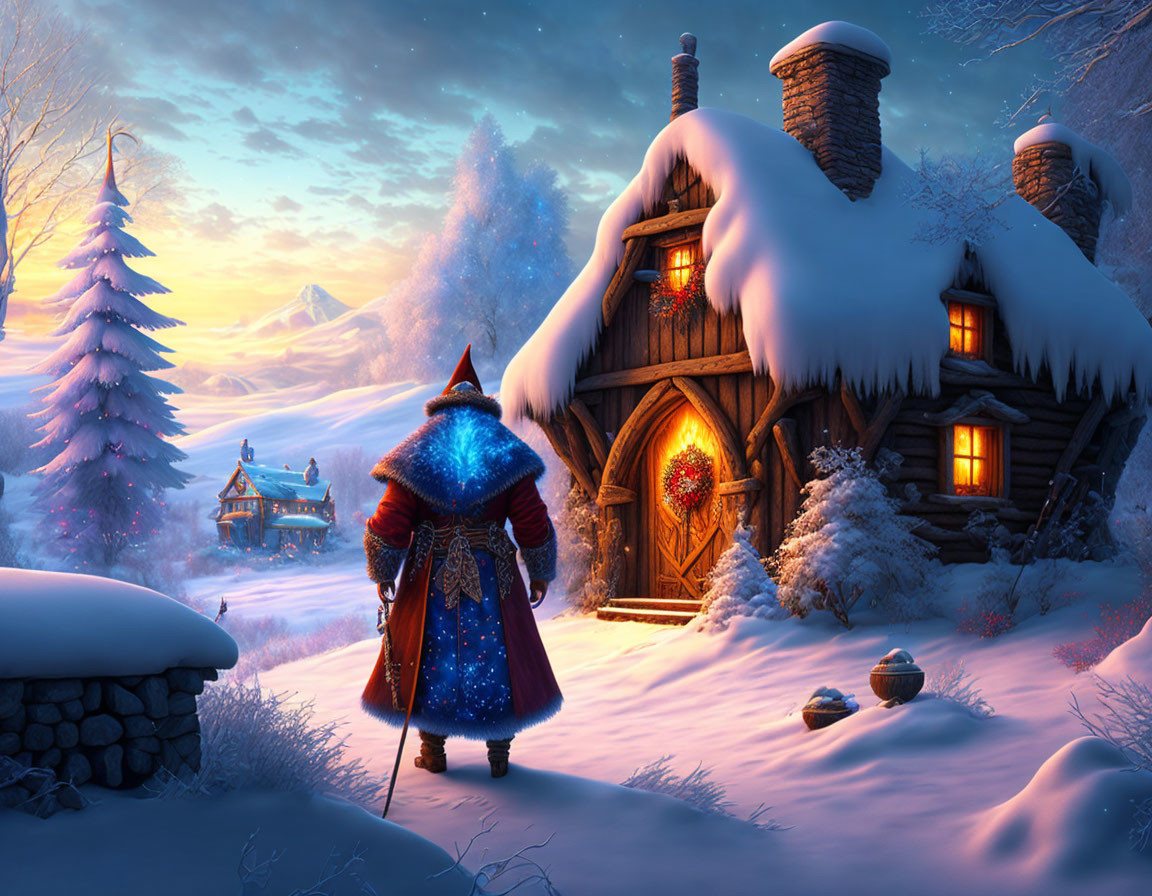 Person in Starry Cloak by Snow-Covered Cottage in Tranquil Winter Landscape at Dusk