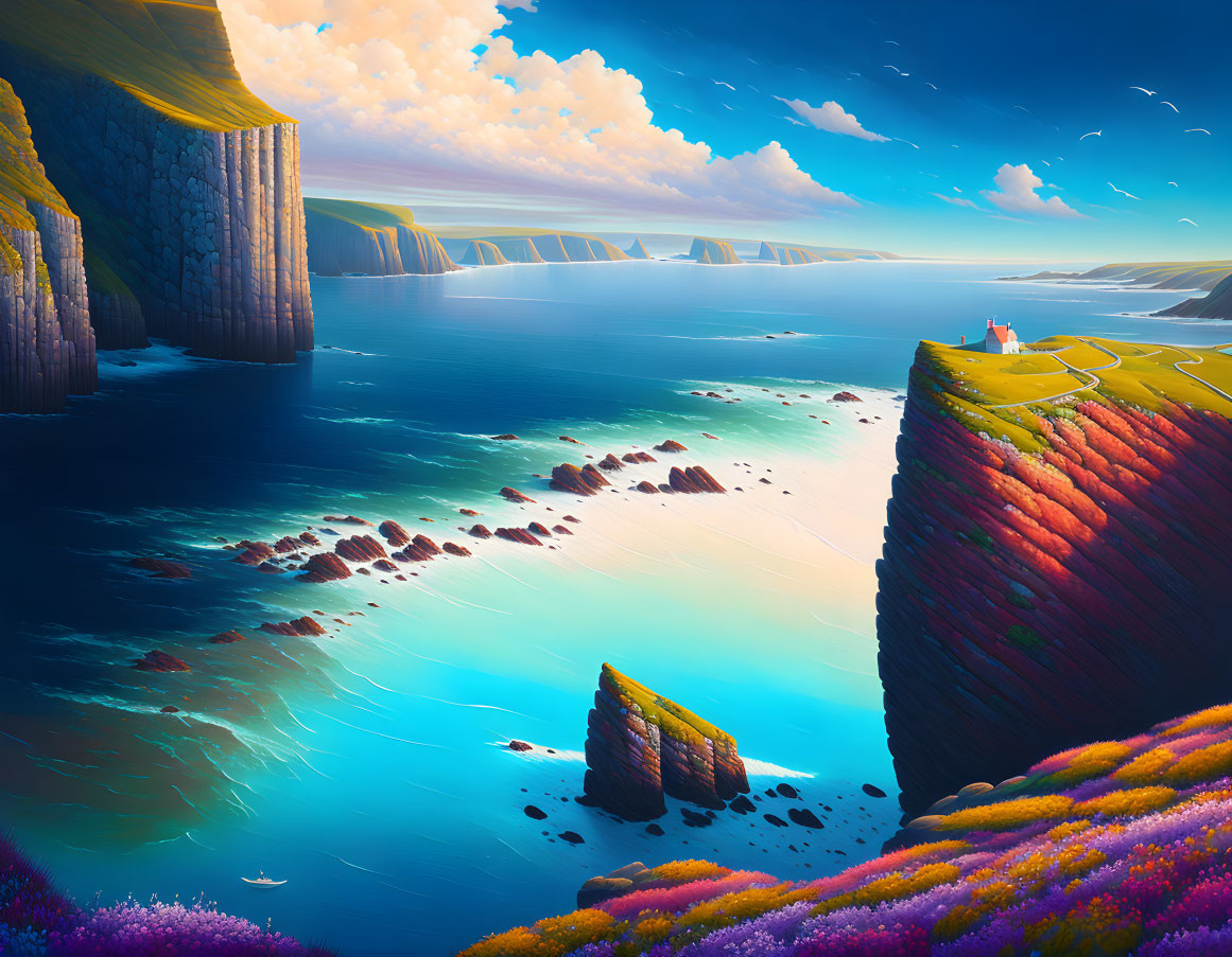 Colorful Coastal Landscape with Cliffs, Lighthouse, and Blue Sea