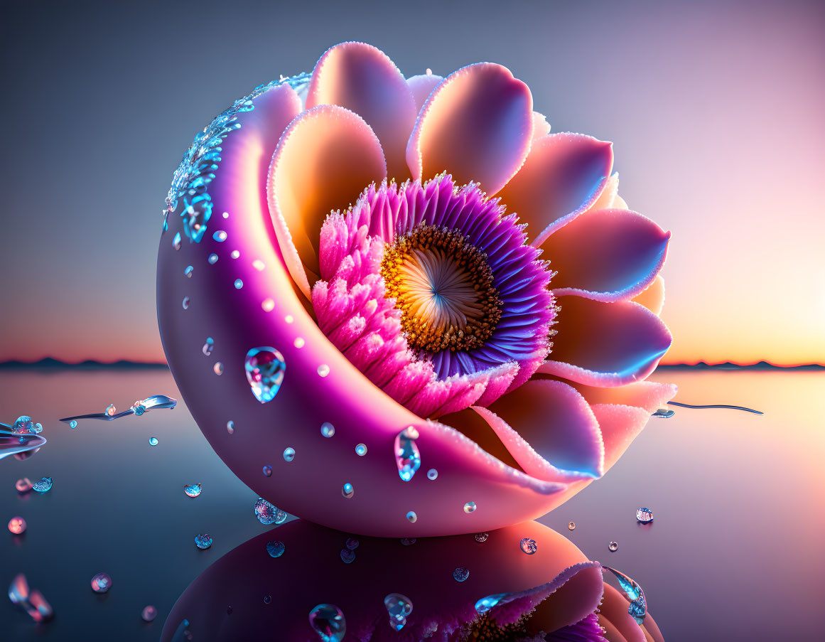 Digitally-rendered flower with water droplets on reflective surface