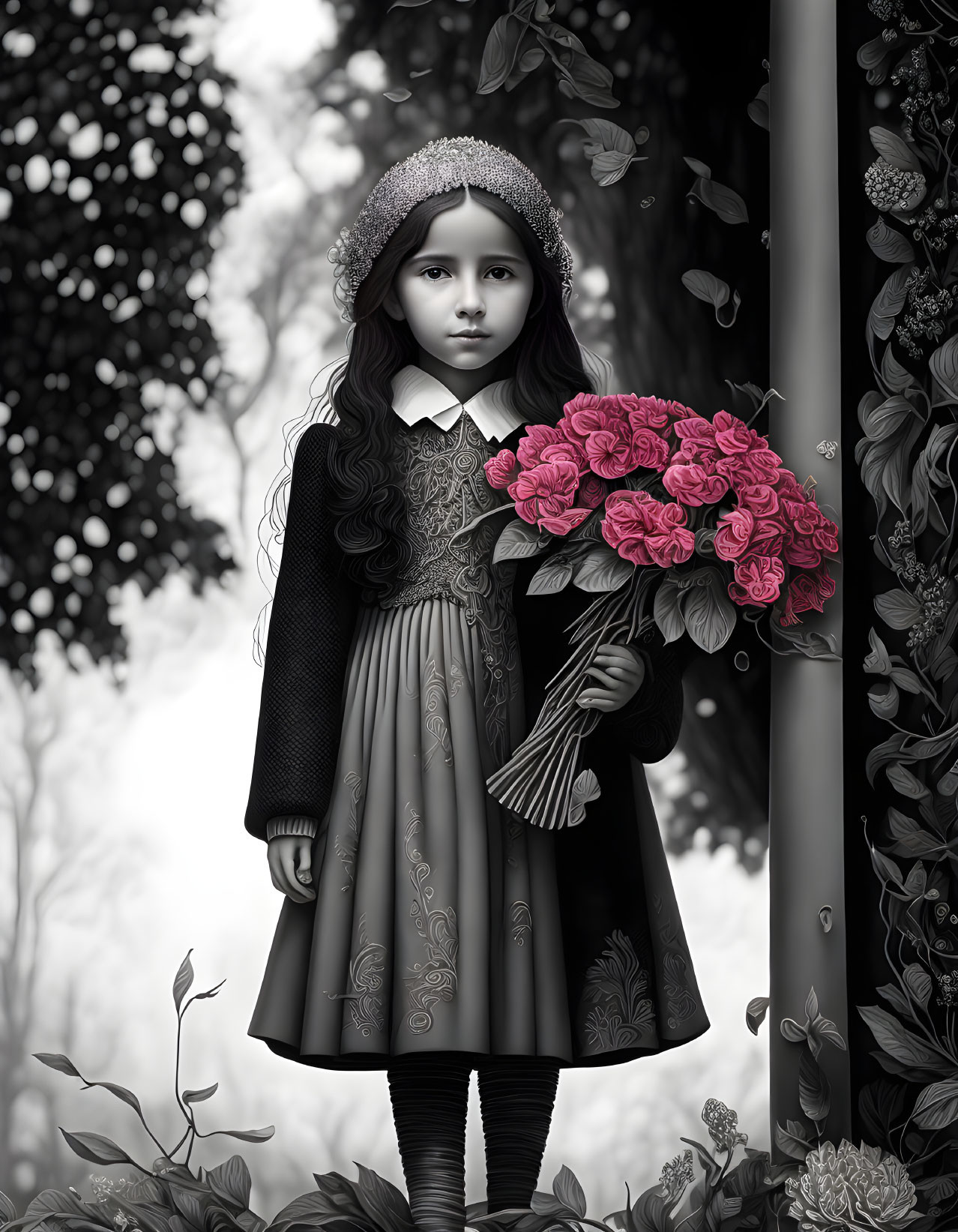 Monochromatic image of young girl with red rose bouquet in vintage dress