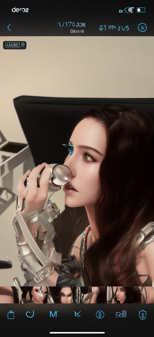 Photorealistic digital avatar with long hair holding vintage phone in futuristic room