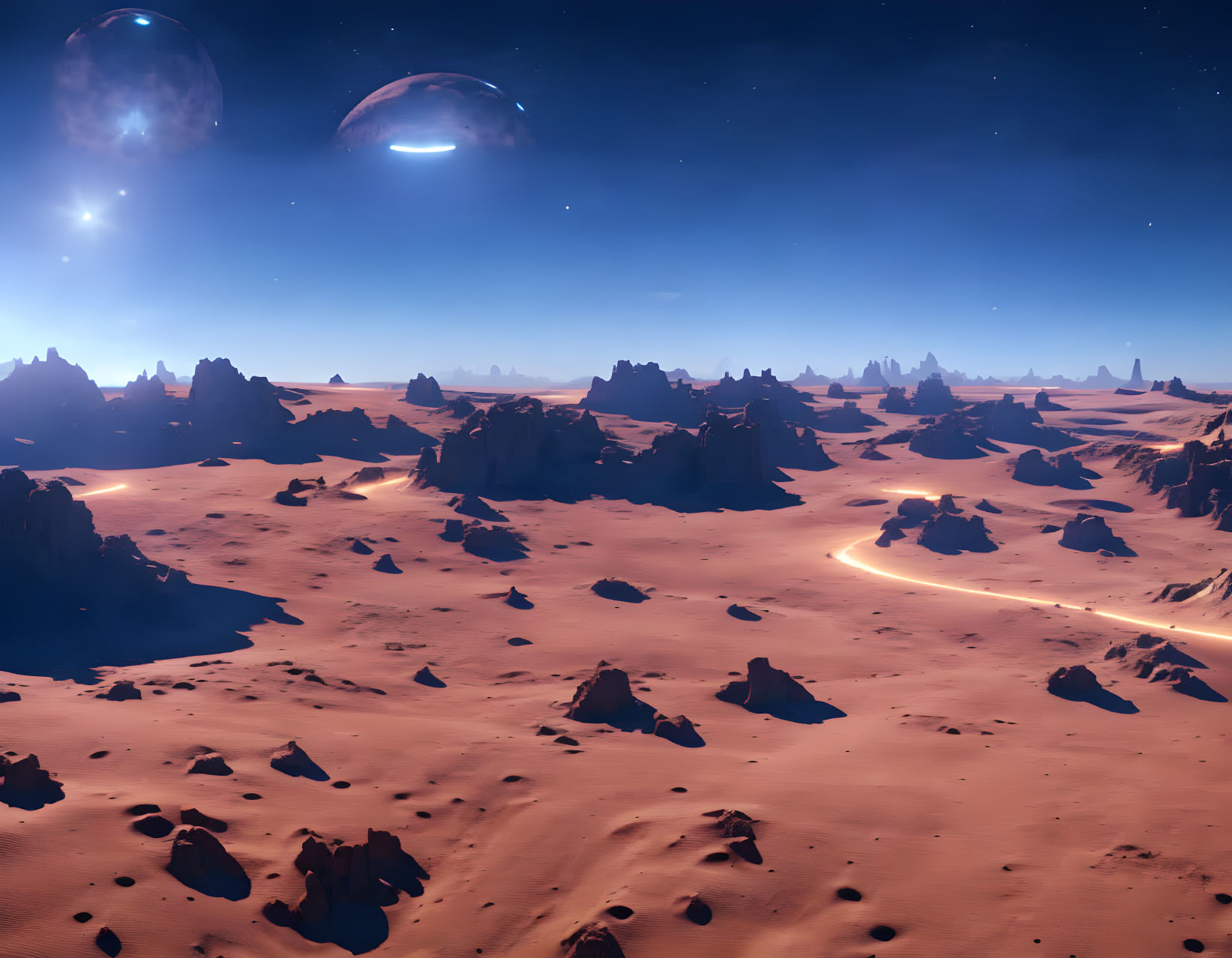 Sci-fi desert landscape: rocky formations, glowing path, celestial bodies