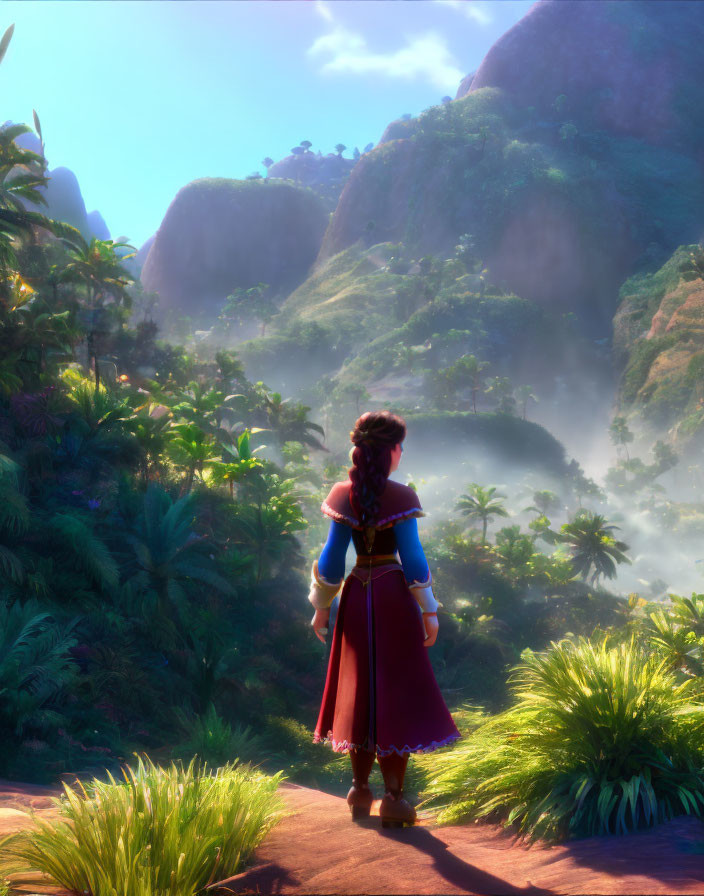 Young woman in vibrant red and blue outfit on lush path overlooking misty tropical valley.