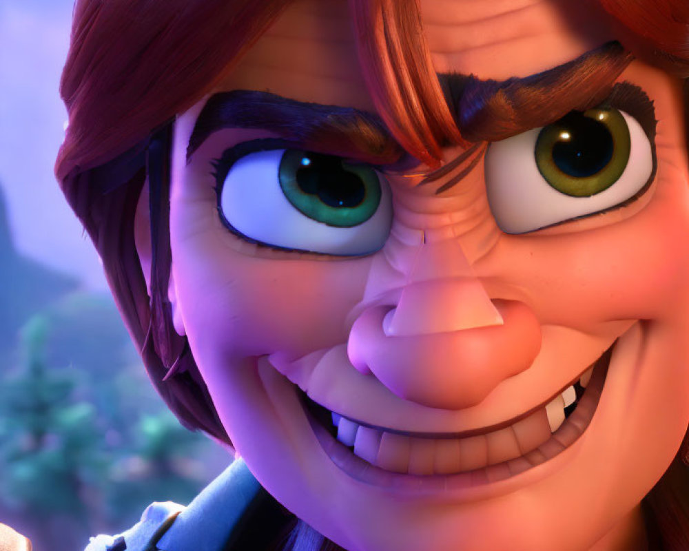 Smiling animated female character with red hair and green eyes
