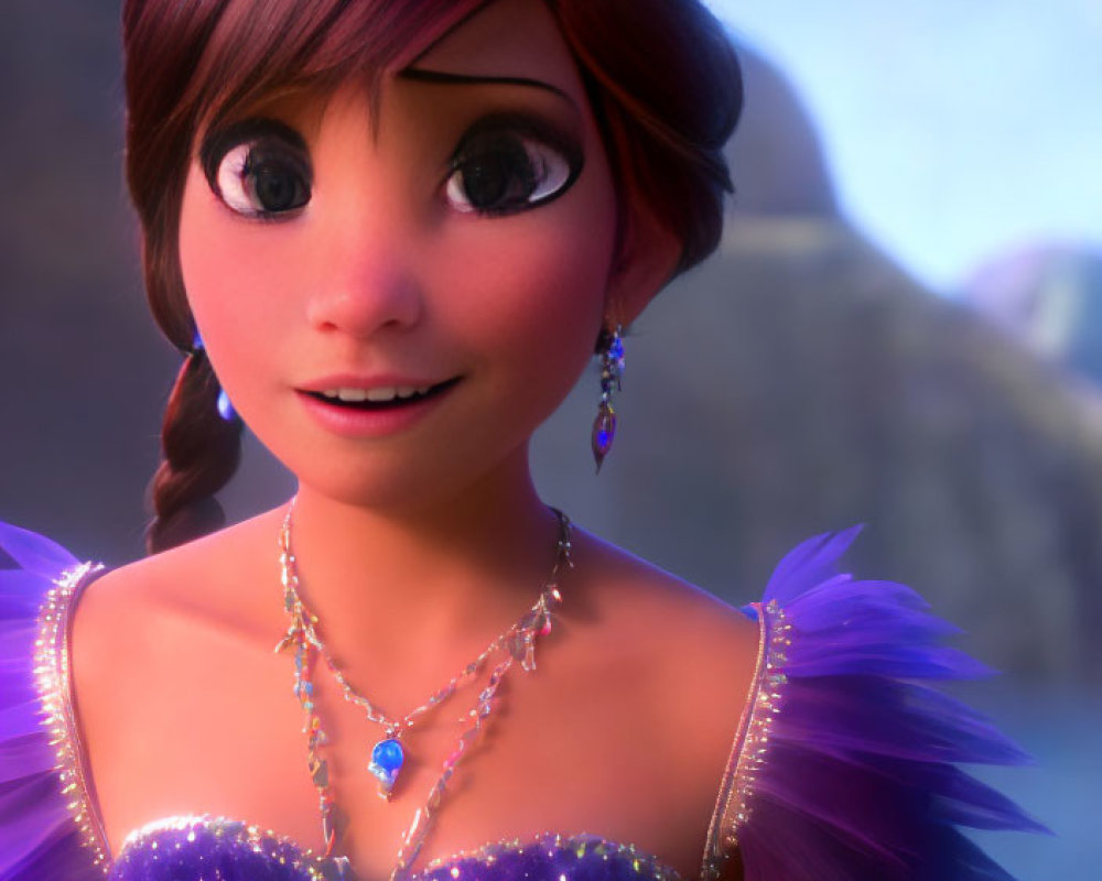 Smiling female character in purple dress with tiara and earrings