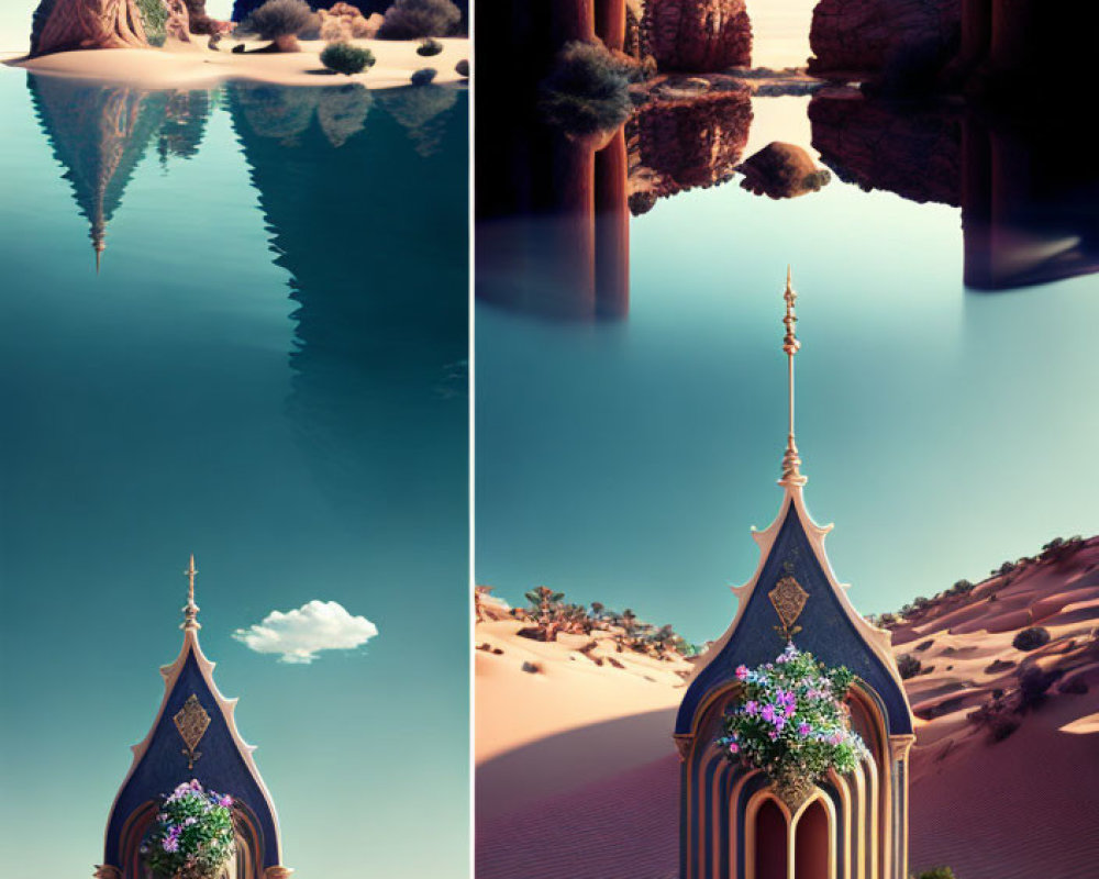 Digital art: Gothic-style structure in desert scenes