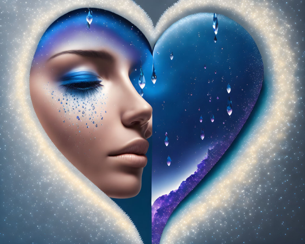 Cosmic-themed digital art: woman's face with blue makeup in heart-shaped space, teardrops