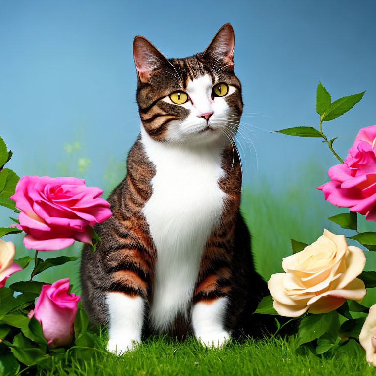 Tabby and White Cat Posed with Pink and Cream Roses on Blue Background