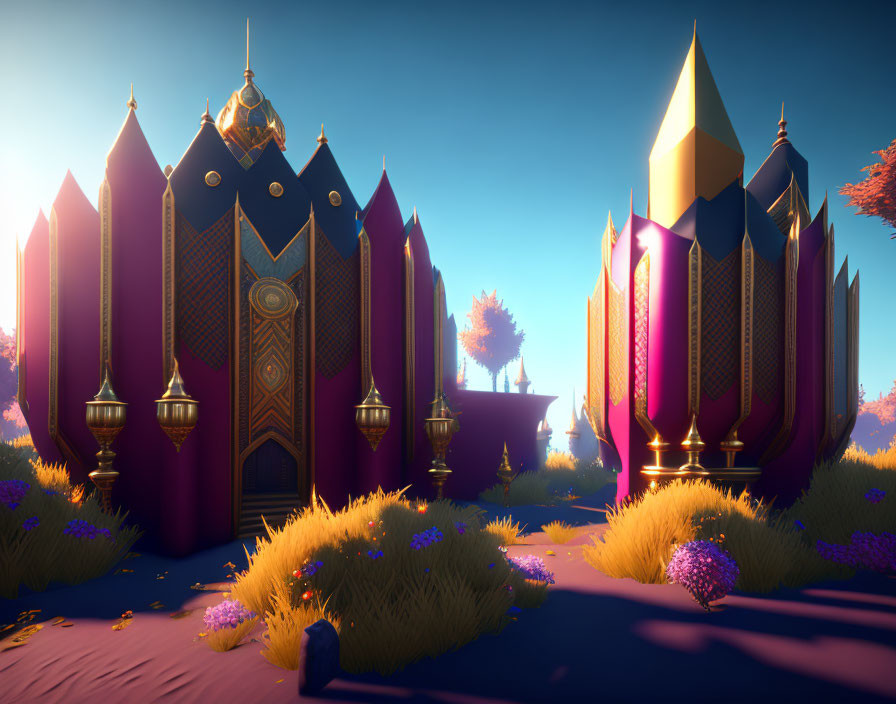 Fantasy Palace with Golden Spires and Purple Flora