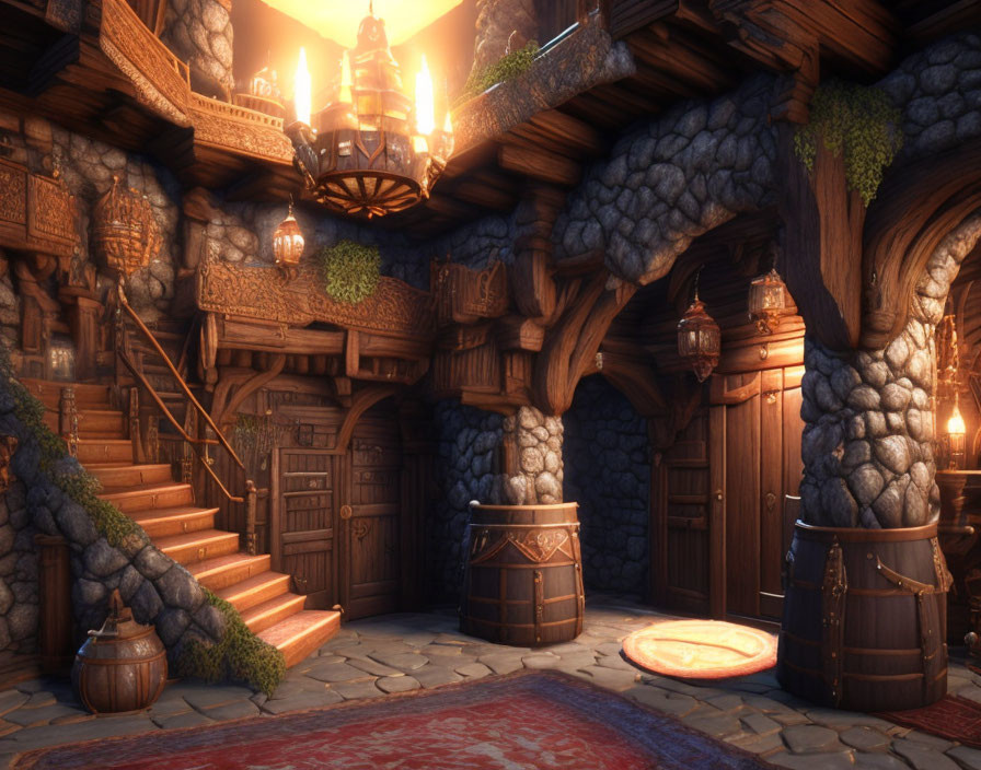 Fantasy interior with stone walls, wooden doors, staircase, chandelier, greenery, barrels,