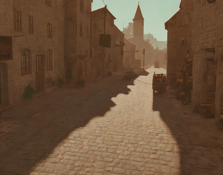 Medieval street at dusk with cobblestones, old buildings, and horse-drawn carriage
