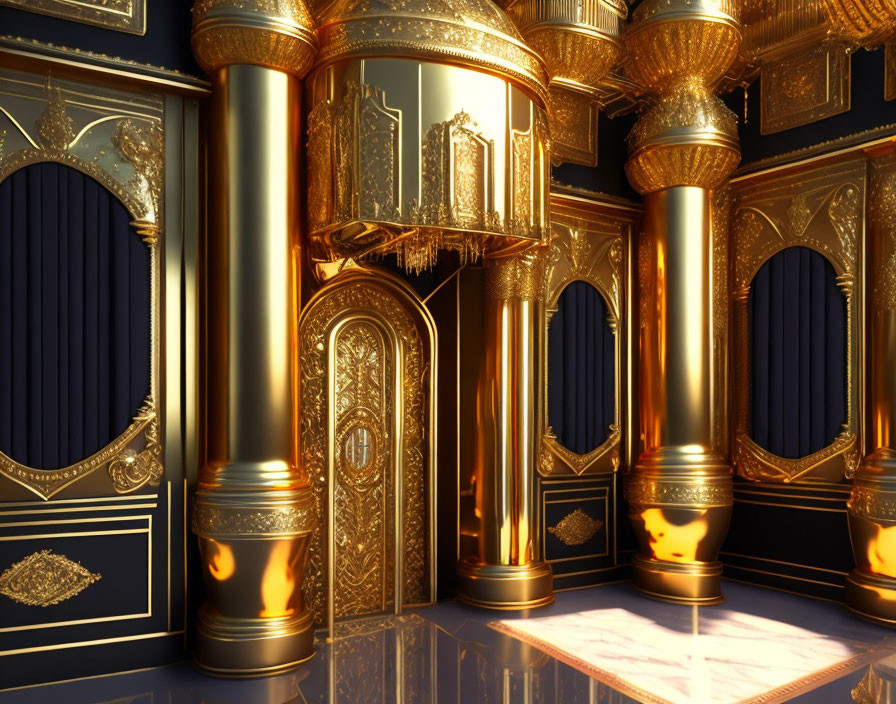 Luxurious Interior with Golden Columns and Lavish Door