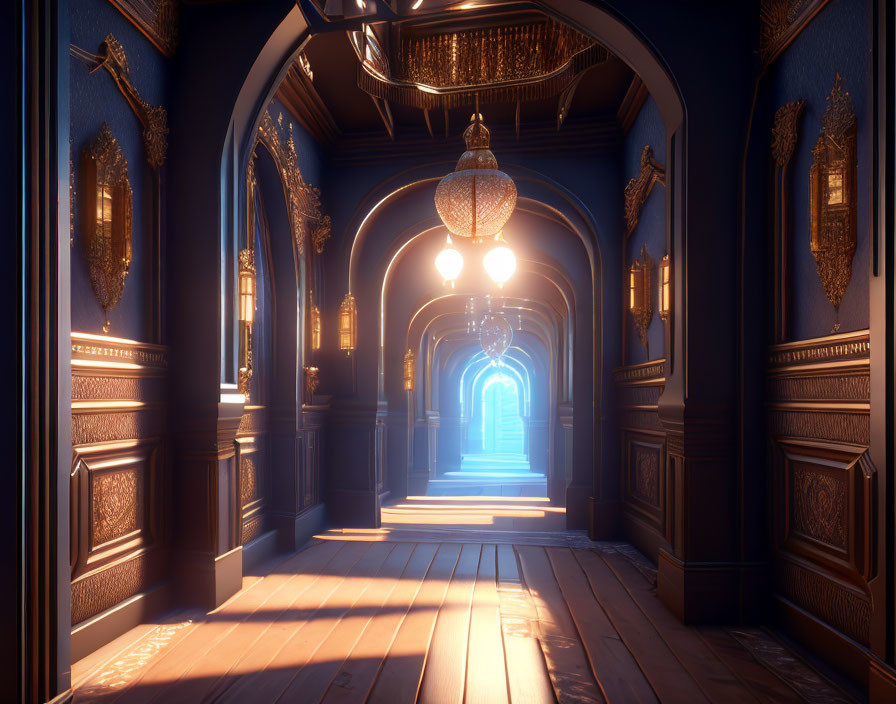 Luxurious corridor with ornate walls and golden chandeliers under warm lighting.