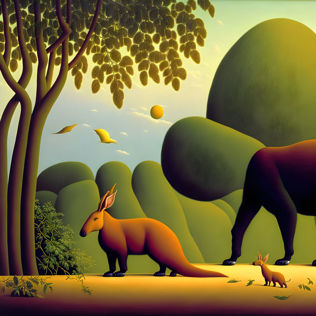 Surreal landscape with two kangaroo-like creatures