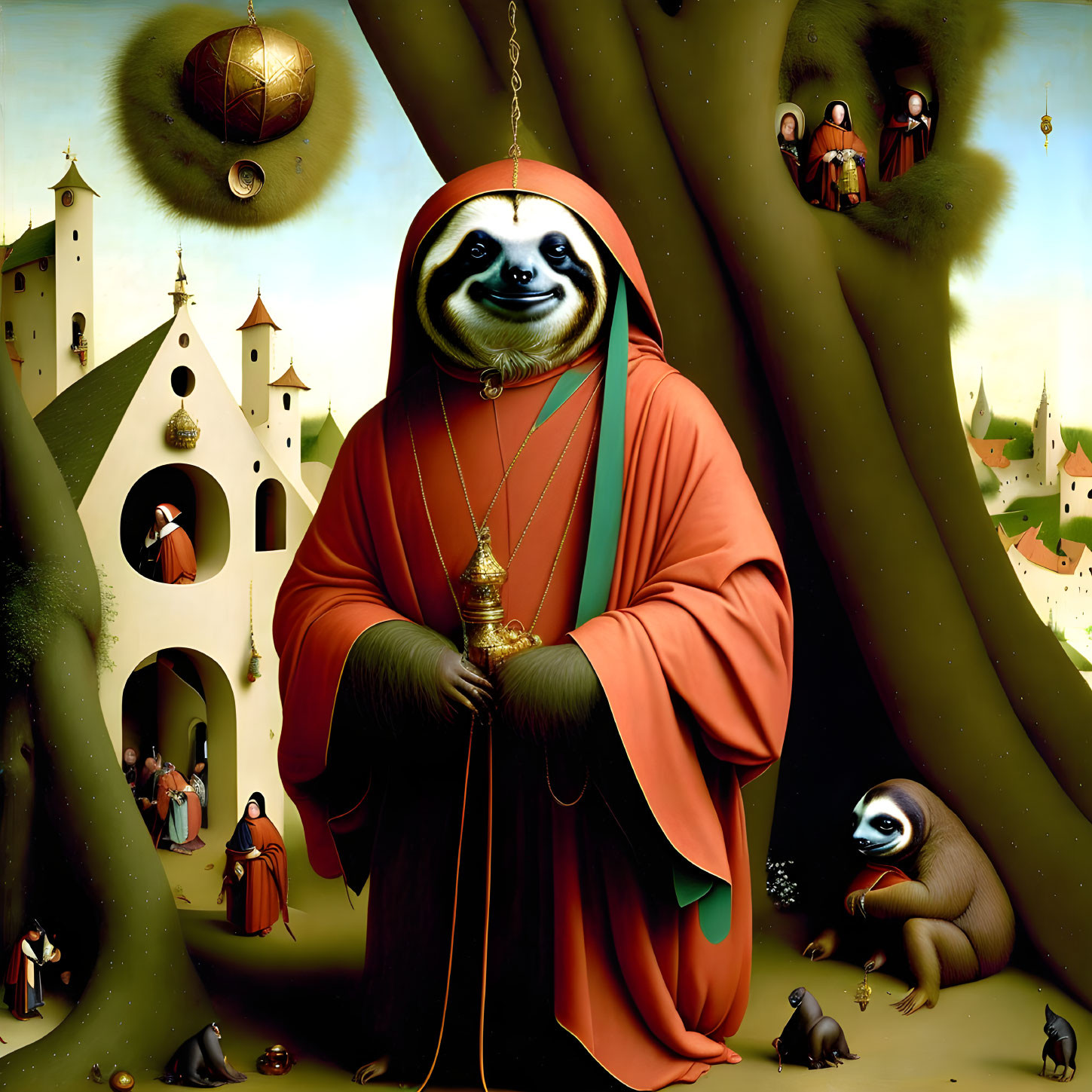 Surrealist painting of giant sloth in monk robes with censer in fantastical landscape