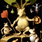 Anthropomorphic Frogs in Fantasy Scene with Plants and Insects