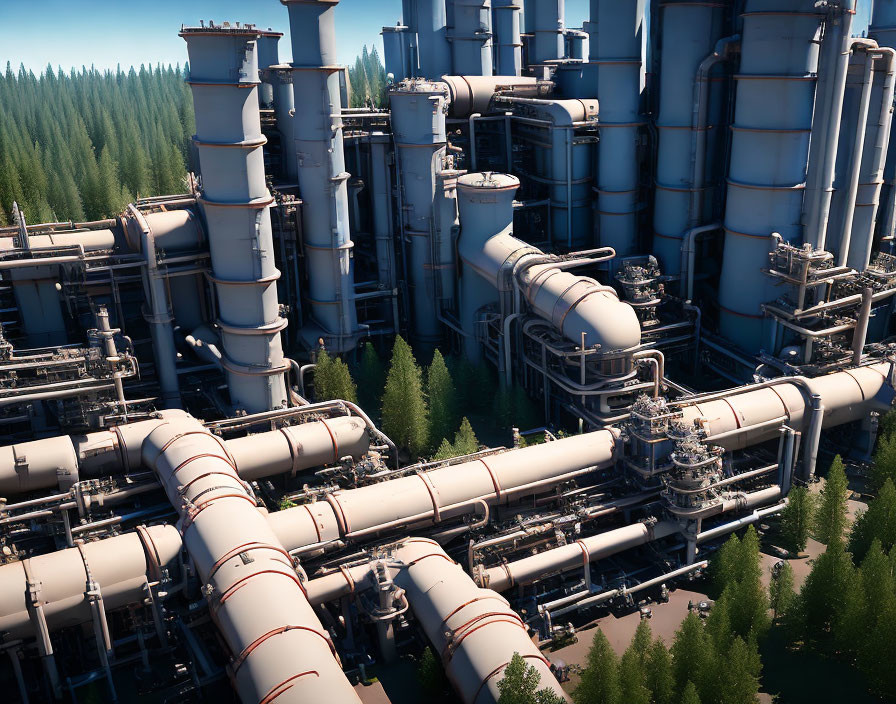 Industrial complex with large cylindrical towers and piping in forest landscape