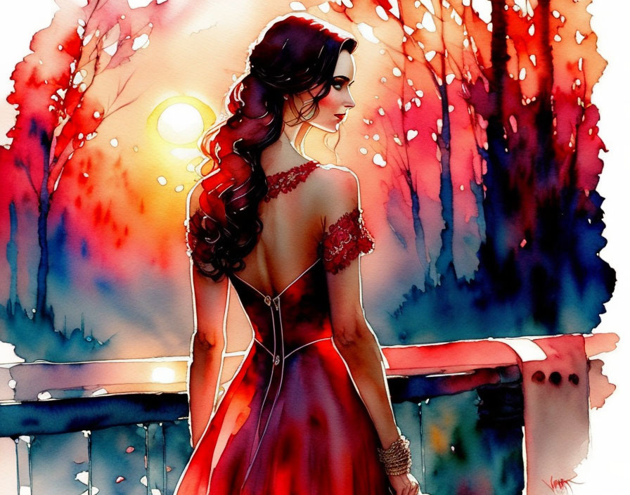 Woman in red dress on bridge in autumn sunset.