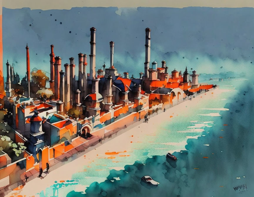 Vibrant watercolor of industrial riverside scene