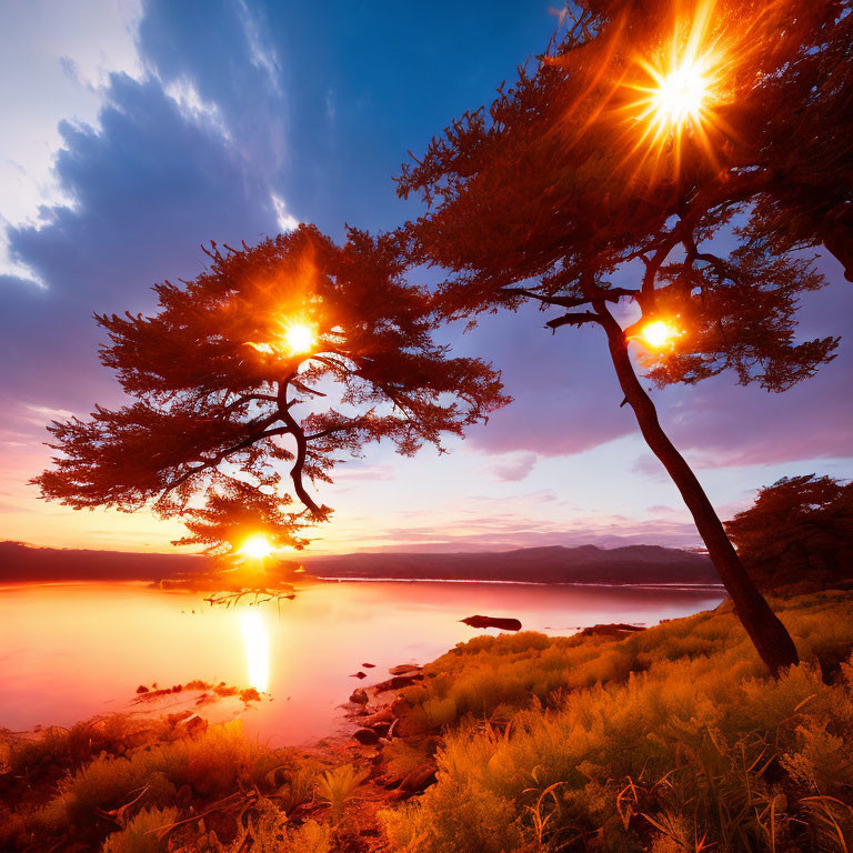 Tranquil lake sunset with vibrant sky and silhouetted trees