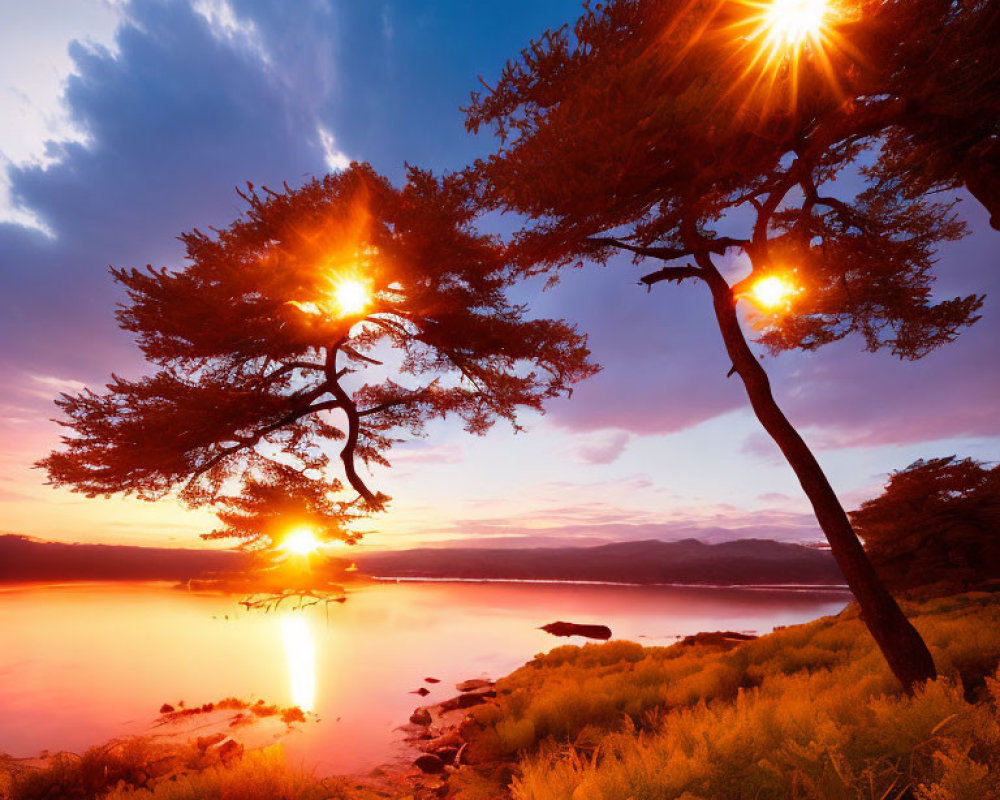 Tranquil lake sunset with vibrant sky and silhouetted trees