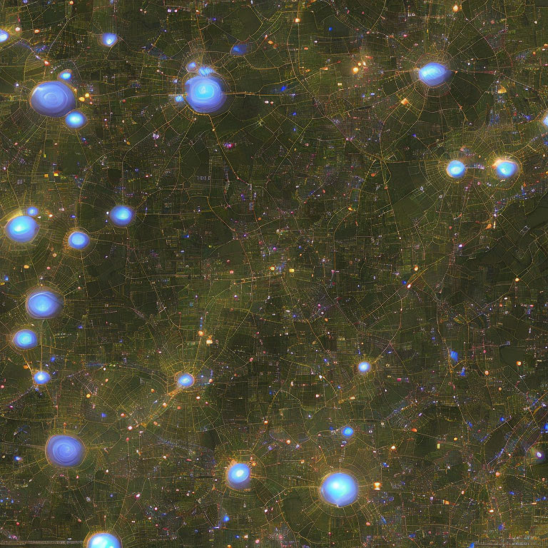 Satellite Night View: City Lights in Blue and Yellow