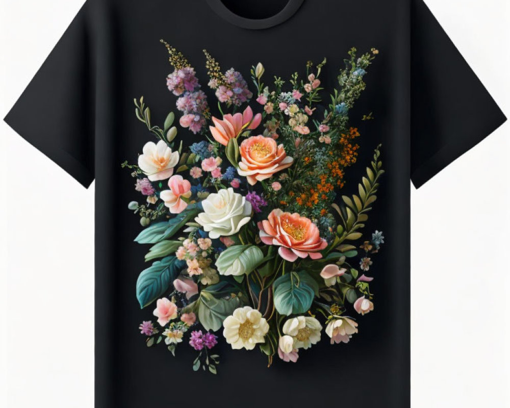 Vibrant assorted flowers print on black t-shirt