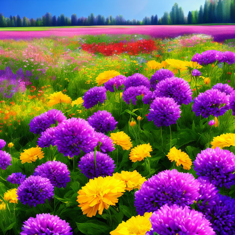 Colorful Flower Field and Blue Sky Landscape with Trees