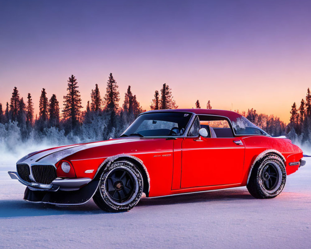 Red Vintage Sports Car Parked in Snowy Twilight Scene
