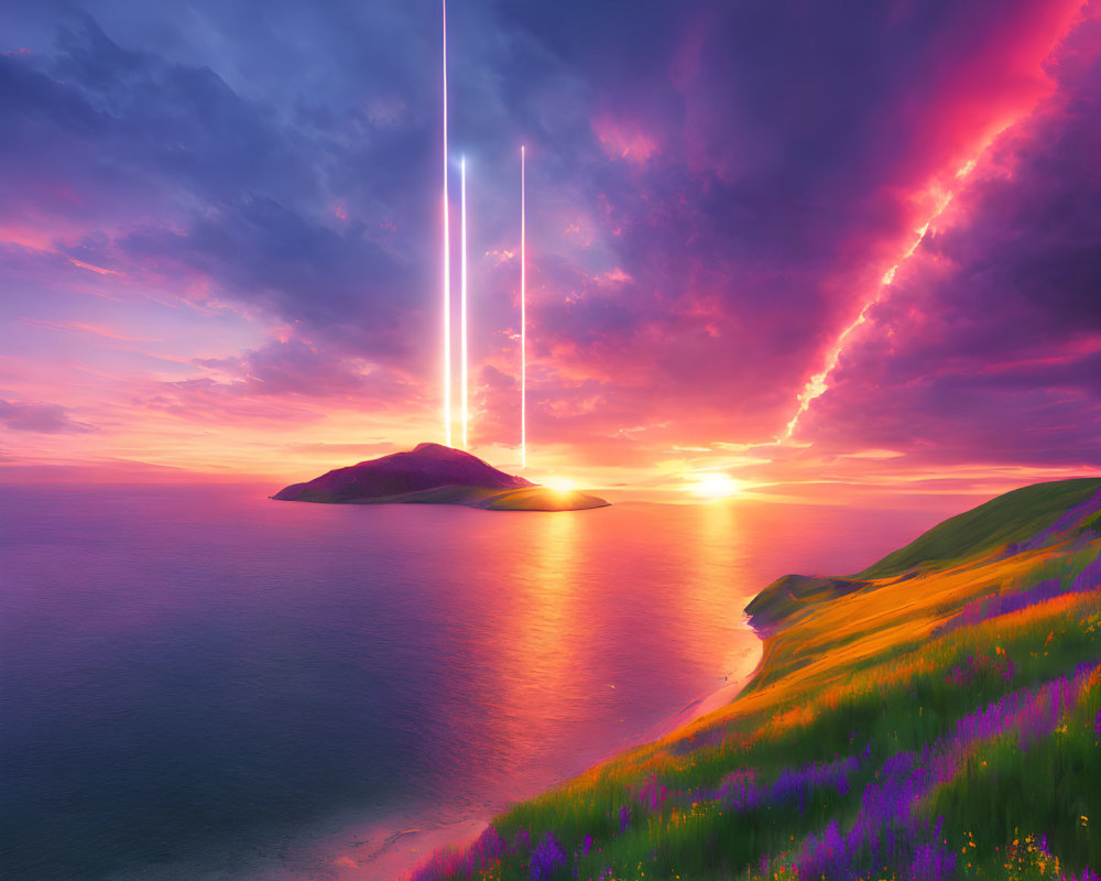 Colorful sunset over tranquil sea with island and light beams