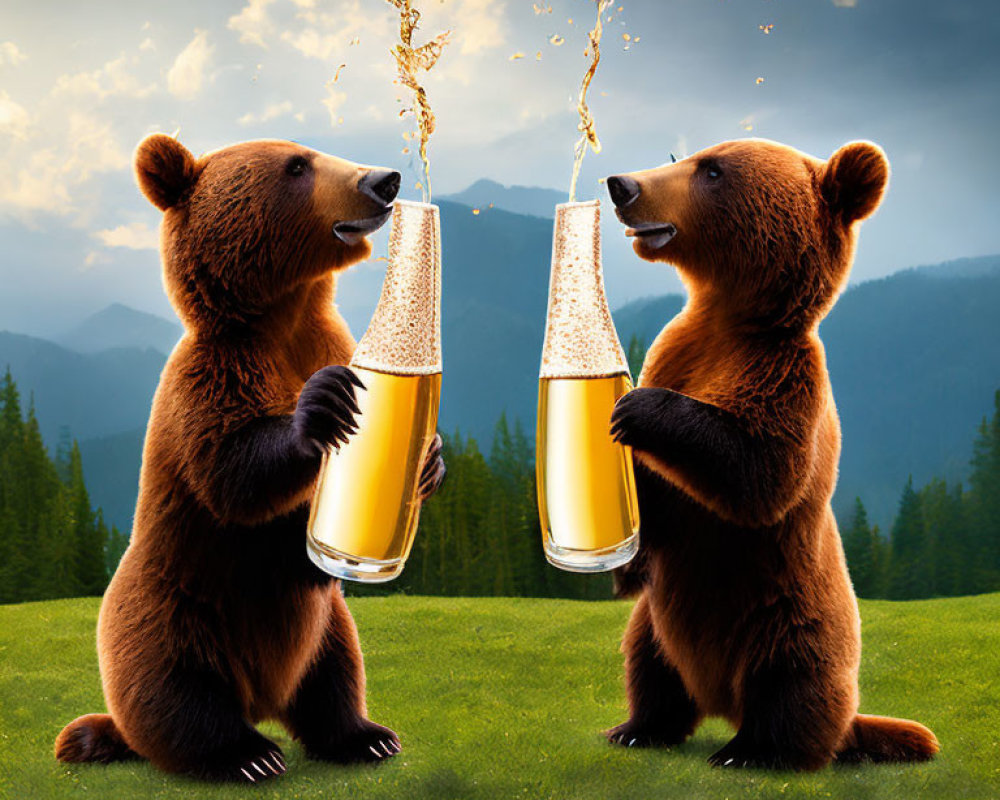 Bears toasting with beer in sunny meadow, mountains in background