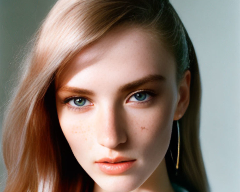 Portrait of young woman with freckles, blue eyes, and light brown hair.