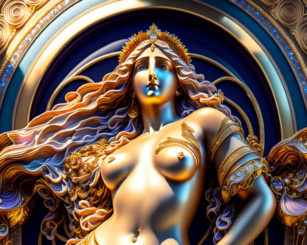 Stylized half-bodied female figure with ornate headdress on fractal blue background
