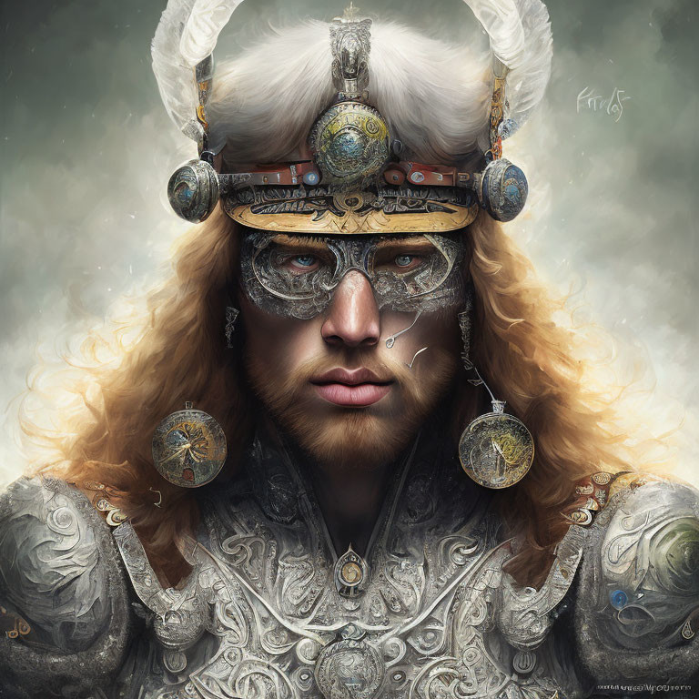 Fantasy portrait of a warrior with red hair, ornate helmet, and intricate armor