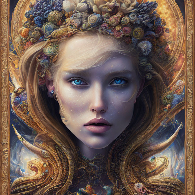 Fantasy portrait of woman with blue eyes, floral crown, golden frame, celestial motifs