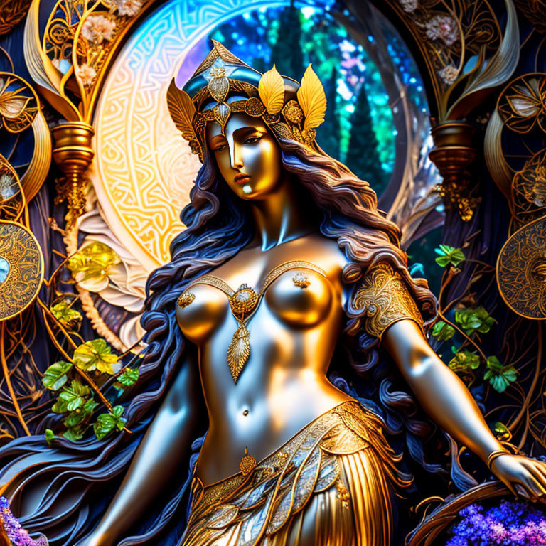 Majestic female figure with golden headgear on mystical blue backdrop
