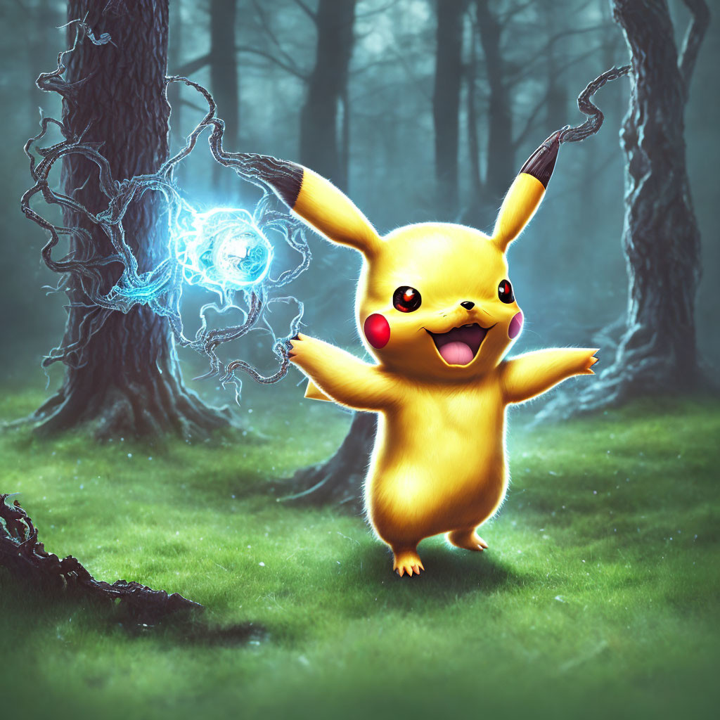 Electric Pikachu in forest with glowing tail and orb, amid misty trees
