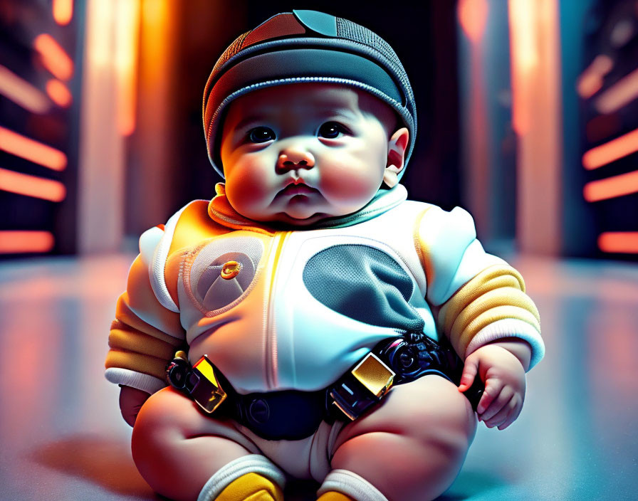 Baby in futuristic outfit with neon lights background
