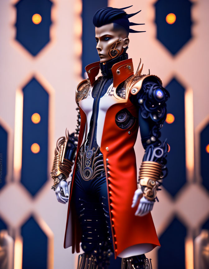 Futuristic punk-themed illustration with mohawk, cybernetic arm, red and white uniform