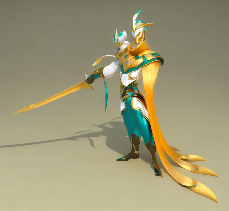 Character in Golden and Cyan Armor with Spear in 3D Illustration
