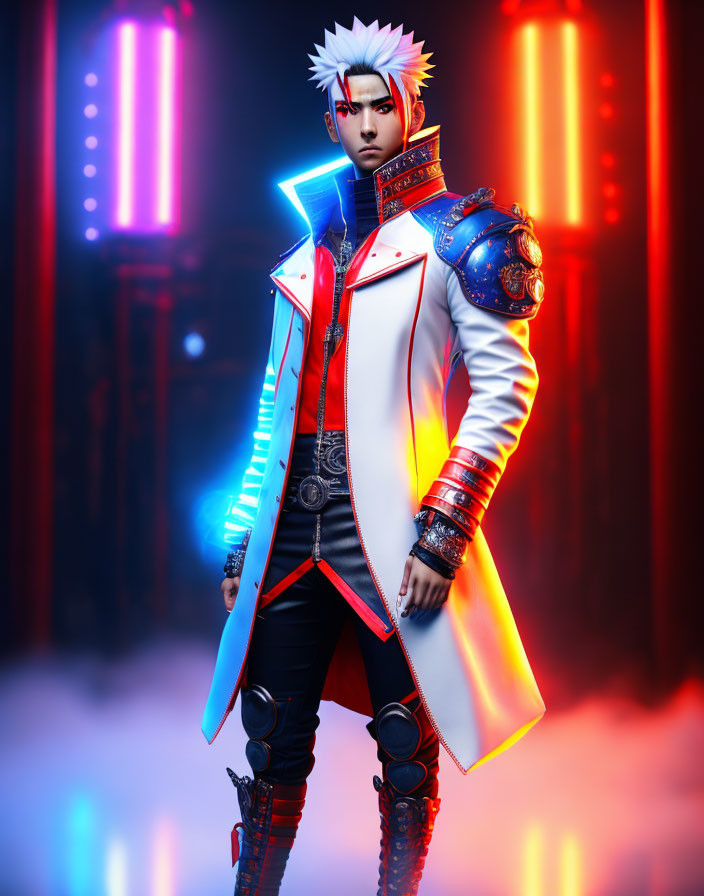 Futuristic warrior in neon-lit setting with light-up armor jacket