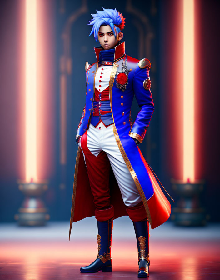 Regal animated character in blue and red military uniform with purple hair in grand hall